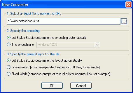 New Converter dialog opening heterogeneous file