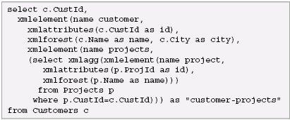 SQL/XML statement using xmlelement(), xmlattributes(), and xmlforest()