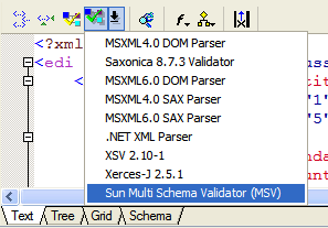 XML Validation Dropdown showing MSV