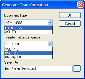 XML Report: Generate Transformation dialog