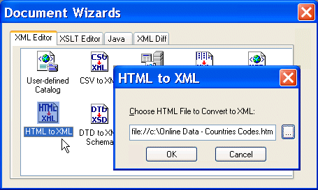 The HTML-to-XML Document Wizard lets you export HTML as XML