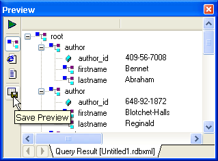 Preview windows displays live relational data as XML