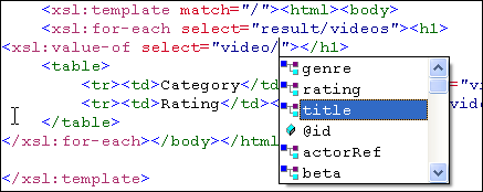 XSLT Editor: XPath and XSLT code completion