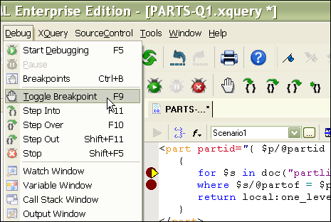Setting and Toggling Breakpoints in Stylus Studio®'s XQuery Debugger
