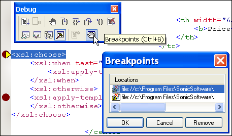 Setting a Breakpoint in an XSLT Stylesheet using the XSLT Debugger