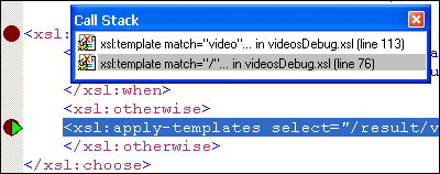 Viewing the XSLT Debugger's XSLT Template Stack