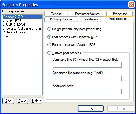Specifying the Use of RenderX XEP from the Scenario dialog Post-process tab